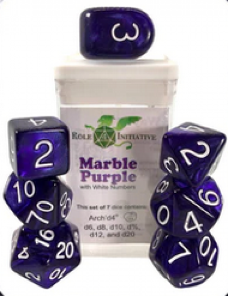 Polyhedral Dice Set: Marble Purple dice w/ Archd4 & Balanced20 (7)