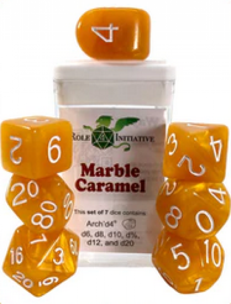 Polyhedral Dice Set: Marble Caramel dice w/ Archd4 & Balanced20 (7)