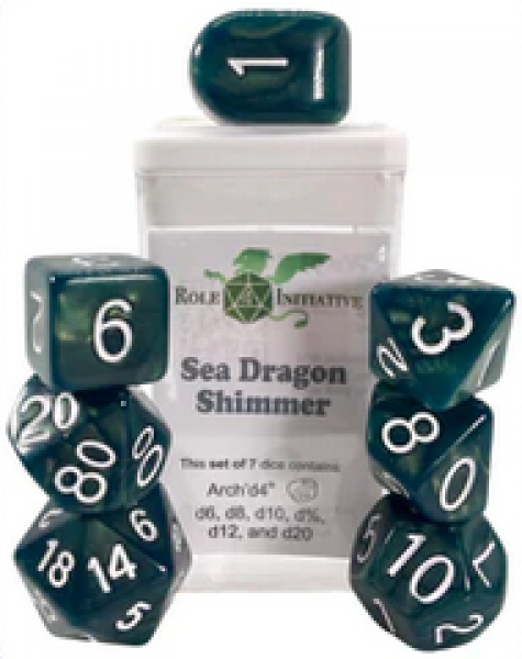 Polyhedral Dice Set: Sea Dragon Shimmer dice w/ Archd4 & Balanced20 (7)