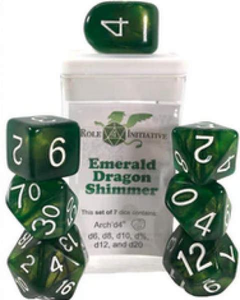 Polyhedral Dice Set: Emerald Dragon Shimmer dice w/ Archd4 & Balanced20 (7)