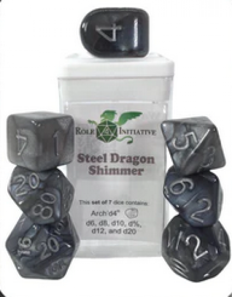 Polyhedral Dice Set: Steel Dragon Shimmer dice w/ Archd4 & Balanced20 (7)