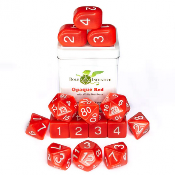 Polyhedral Dice Set: Opaque Red/White dice w/ Archd4 & Balanced20 (15)