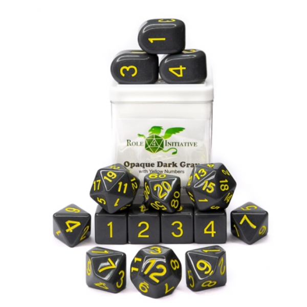 Polyhedral Dice Set: Opaque Black/Yellow dice w/ Archd4 & Balanced20 (15)