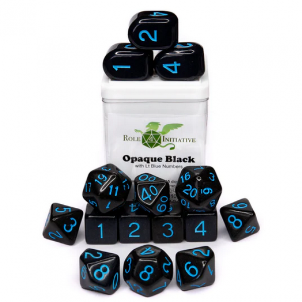 Polyhedral Dice Set: Opaque Black/Light Blue dice w/ Archd4 & Balanced20 (15)