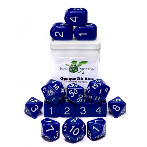 Polyhedral Dice Set: Opaque Dark Blue/White dice w/ Archd4 & Balanced20 (15)