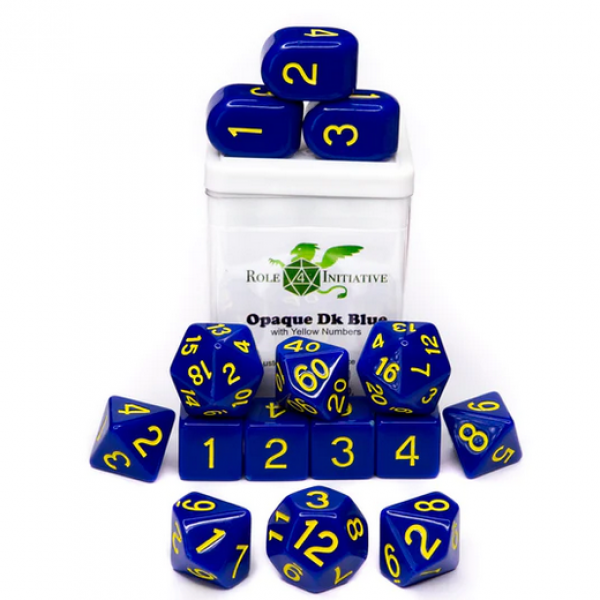Polyhedral Dice Set: Opaque Dark Blue/Yellow dice w/ Archd4 & Balanced20 (15)