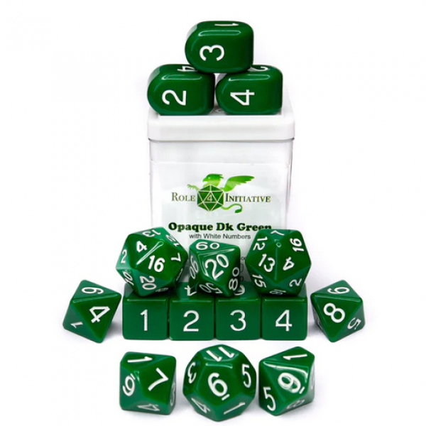 Polyhedral Dice Set: Opaque Dark Green/White dice w/ Archd4 & Balanced20 (15)