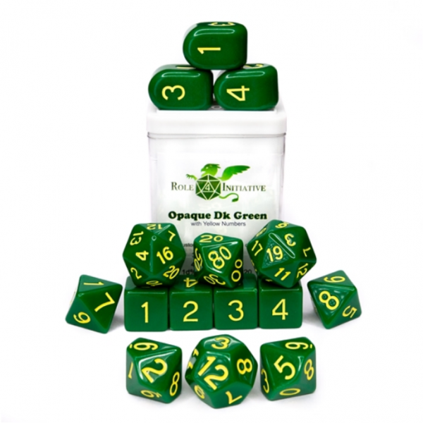 Polyhedral Dice Set: Opaque Dark Green/Yellow dice w/ Archd4 & Balanced20 (15)