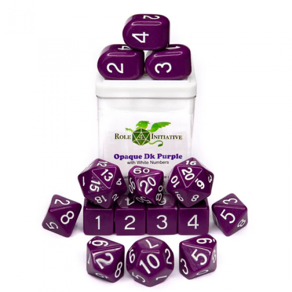 Polyhedral Dice Set: Opaque Dark Purple/White dice w/ Archd4 & Balanced20 (15)