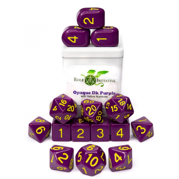 Polyhedral Dice Set: Opaque Dark Purple/Yellow dice w/ Archd4 & Balanced20 (15)