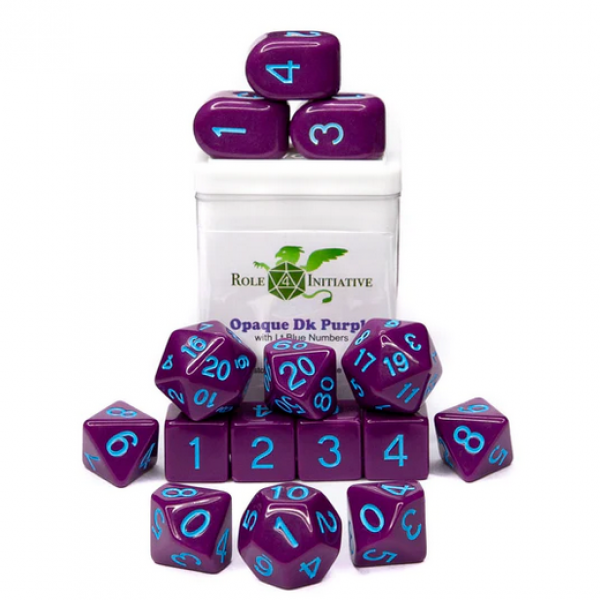 Polyhedral Dice Set: Opaque Dark Purple/Light Blue dice w/ Archd4 & Balanced20 (15)