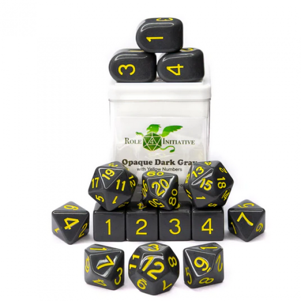 Polyhedral Dice Set: Opaque Dark Grey/Yellow dice w/ Archd4 & Balanced20 (15)