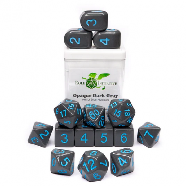Polyhedral Dice Set: Opaque Dark Grey/Light Blue dice w/ Archd4 & Balanced20 (15)