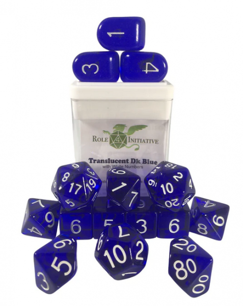 Polyhedral Dice Set: Translucent Dark Blue/White dice w/ Archd4 & Balanced20 (15)