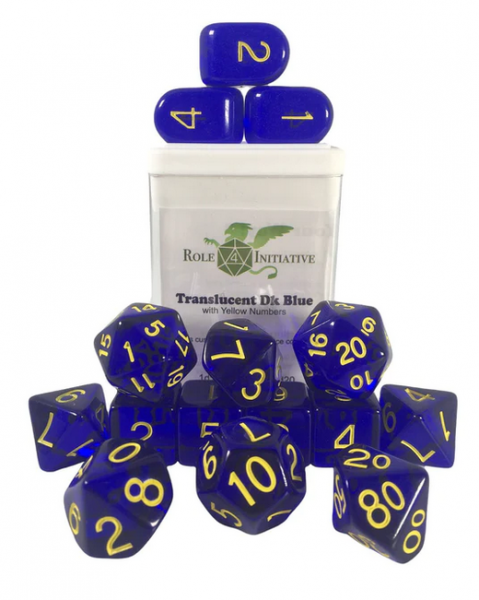 Polyhedral Dice Set: Translucent Dark Blue/Yellow dice w/ Archd4 & Balanced20 (15)