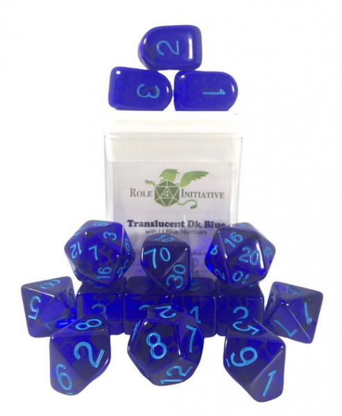Polyhedral Dice Set: Translucent Dark Blue/Light Blue dice w/ Archd4 & Balanced20 (15)