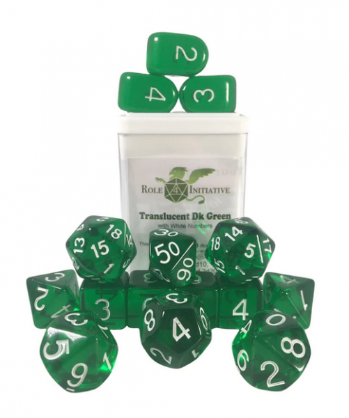 Polyhedral Dice Set: Translucent Dark Green/White dice w/ Archd4 & Balanced20 (15)