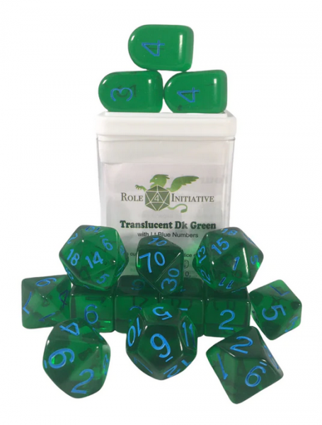 Polyhedral Dice Set: Translucent Dark Green/Light Blue dice w/ Archd4 & Balanced20 (15)