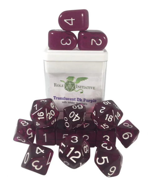 Polyhedral Dice Set: Translucent Dark Purple/White dice w/ Archd4 & Balanced20 (15)