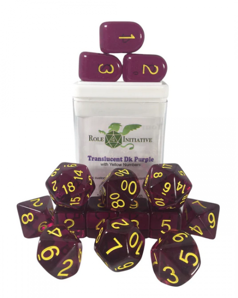 Polyhedral Dice Set: Translucent Dark Purple/Yellow dice w/ Archd4 & Balanced20 (15)