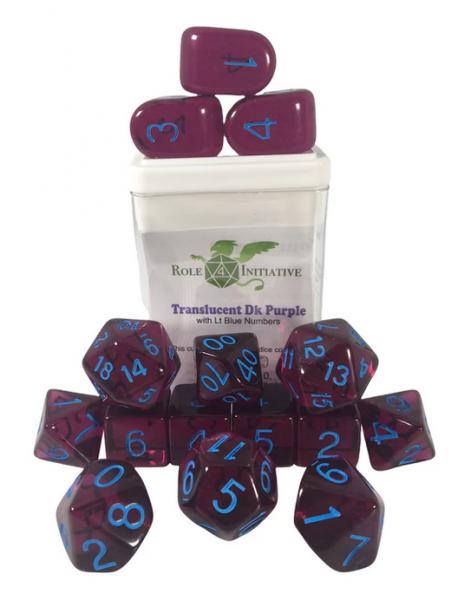 Polyhedral Dice Set: Translucent Dark Purple/Light Blue dice w/ Archd4 & Balanced20 (15)