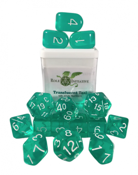 Polyhedral Dice Set: Translucent Teal dice w/ Archd4 & Balanced20 (15)