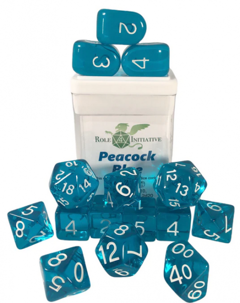 Polyhedral Dice Set: Translucent Peacock Blue dice w/ Archd4 & Balanced20 (15)