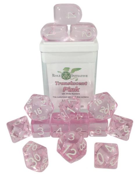 Polyhedral Dice Set: Translucent Pink/White dice w/ Archd4 & Balanced20 (15)