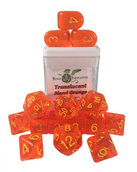 Polyhedral Dice Set: Translucent Blood Orange/Yellow dice w/ Archd4 & Balanced20 (15)