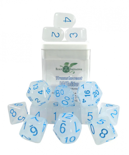 Polyhedral Dice Set: Translucent White/Blue dice w/ Archd4 & Balanced20 (15)