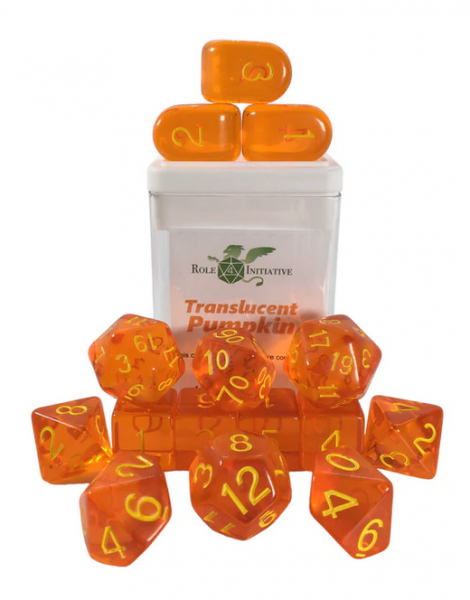 Polyhedral Dice Set: Translucent Pumpkin dice w/ Archd4 & Balanced20 (15)