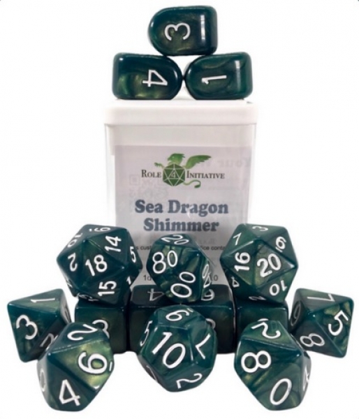 Polyhedral Dice Set: Sea Dragon Shimmer dice w/ Archd4 & Balanced20 (15)