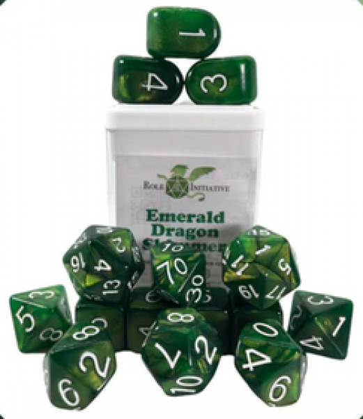 Polyhedral Dice Set: Emerald Dragon Shimmer dice w/ Archd4 & Balanced20 (15)