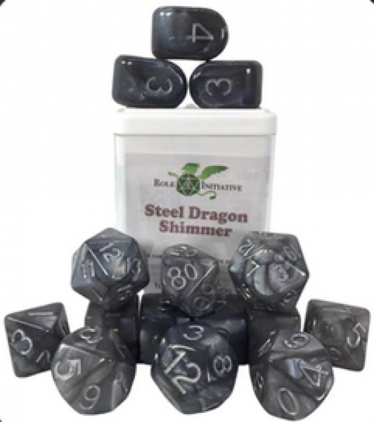 Polyhedral Dice Set: Steel Dragon Shimmer dice w/ Archd4 & Balanced20 (15)