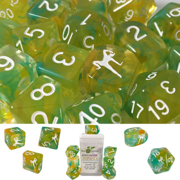 Polyhedral Dice Set: Diffusion Monastic Discipline with Symbol w/ Archd4 & Balanced20 (7)