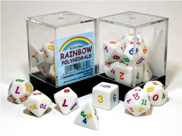 Chessex: Polyhedral Opaque White w/ Rainbow 7-die set in Plastic box