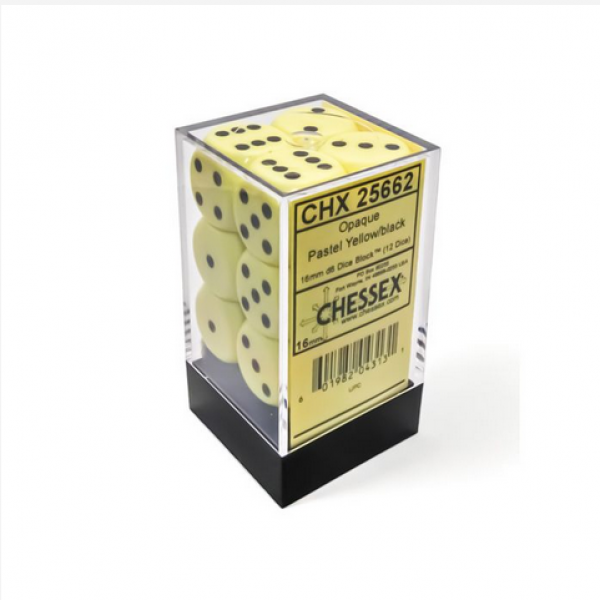 Chessex Dice Sets: Opaque 16mm d6 Pastel Yellow/Black Dice Block (12 dice)