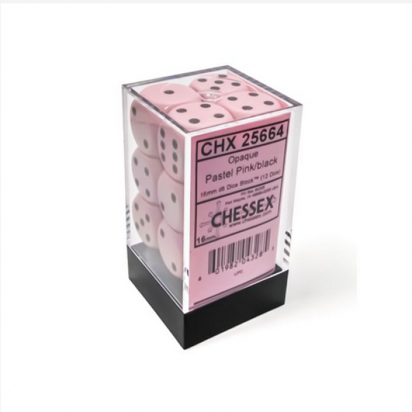 Chessex Dice Sets: Opaque 16mm d6 Pastel Pink/Black Dice Block (12 dice)