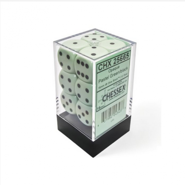 Chessex Dice Sets: Opaque 16mm d6 Pastel Green/Black Dice Block (12 dice)