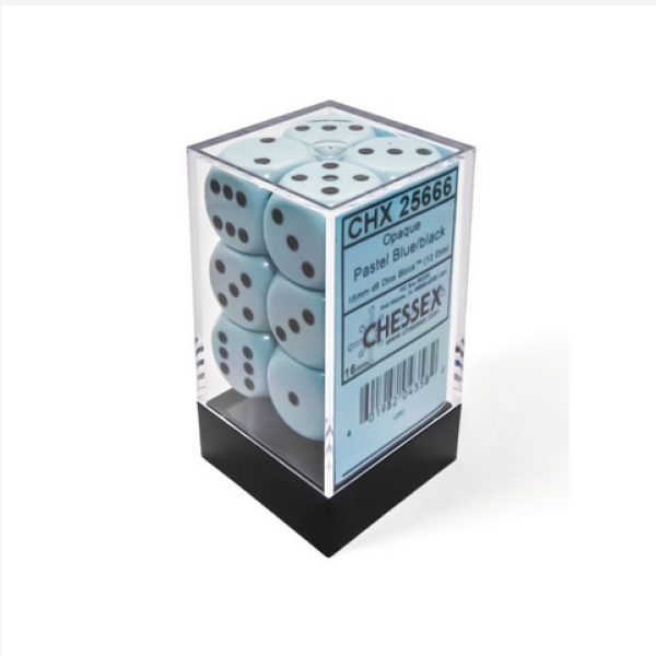 Chessex Dice Sets: Opaque 16mm d6 Pastel Blue/Black Dice Block (12 dice)