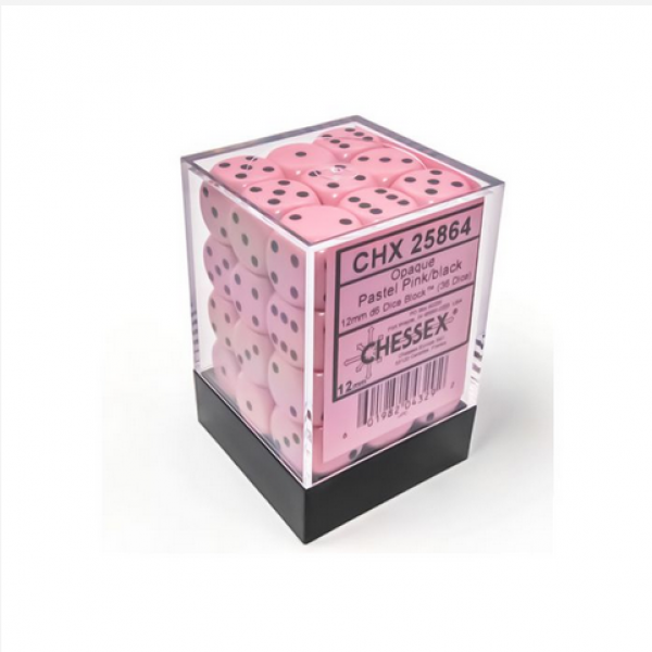 Chessex Dice Sets: Opaque 16mm d6 Pastel Pink/Black Dice Block (36 dice)