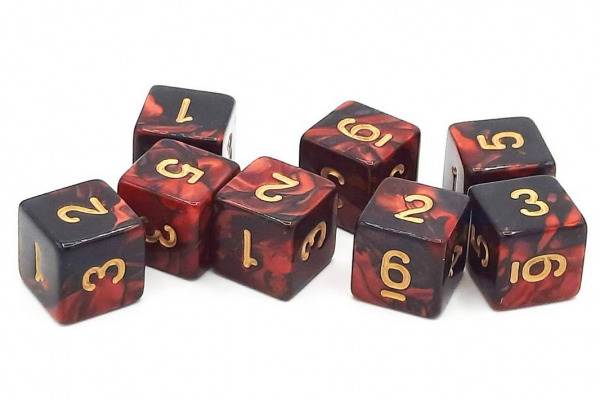 Old School RPG Dice Set: 16mm Vorpal d6 - Blood Red & Black w/ Gold (8ct)