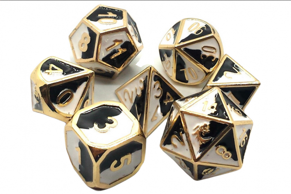 Old School RPG Metal Dice Set: Dragon Forged - Black & White w/ Gold (7)