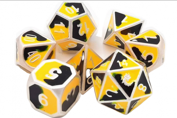 Old School RPG Metal Dice Set: Dragon Forged - Black & Yellow w/ Silver Platinum (7)
