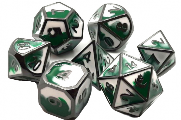Old School RPG Metal Dice Set: Dragon Forged - Green & White w/ Black Nickel (7)