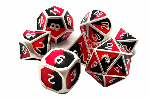 Old School RPG Metal Dice Set: Dragon Forged - Platinum Black & Red (7)