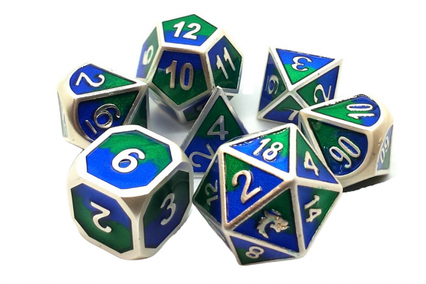 Old School RPG Metal Dice Set: Dragon Forged - Platinum Blue & Green (7)