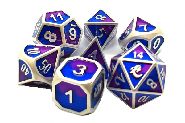 Old School RPG Metal Dice Set: Dragon Forged - Platinum Purple & Blue (7)