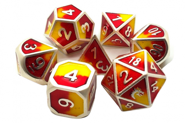 Old School RPG Metal Dice Set: Dragon Forged - Platinum Red & Yellow (7)