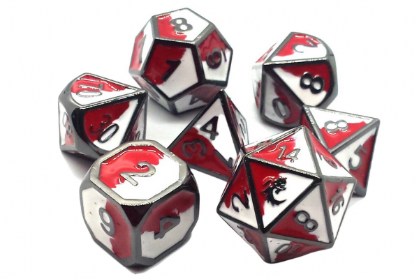 Old School RPG Metal Dice Set: Dragon Forged - Red & White w/ Black Nickel (7)